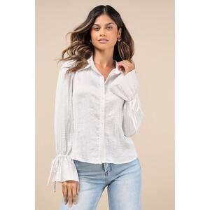 Lulus Enhanced Charm Ivory Plisse Crinkled Tie-cuff Button-up Top White - Size M